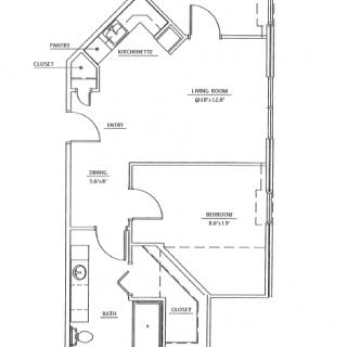 Floor plan of an apartment with designated areas for living, kitchen, and bedroom.