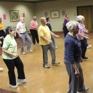 A group of seniors participating in an indoor exercise class.