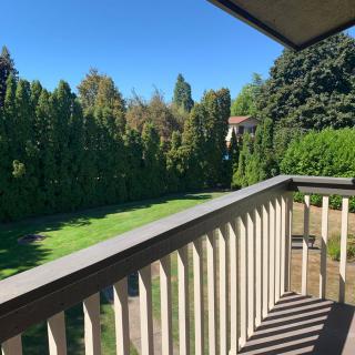 A sunny view from a balcony overlooking a grassy area and trees.