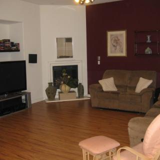 A cozy living room with a brown sofa, television, and a fireplace, featuring wood flooring and decorative elements.