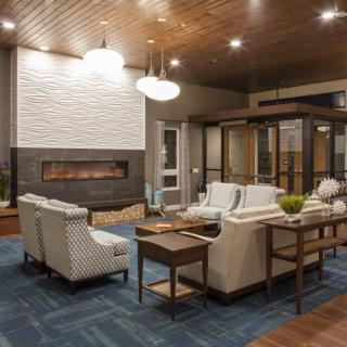 A modern living room with a fireplace and stylish seating area.