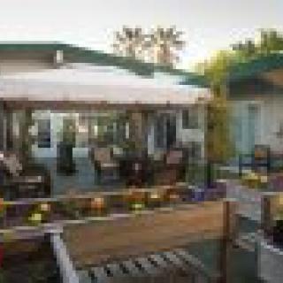 A cozy outdoor patio area with seating at a restaurant on a sunny day.