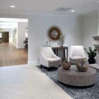 A modern lobby with comfortable seating and stylish decor.