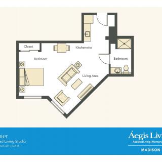 Floor plan of a one-bedroom apartment with living room, kitchen, and bathroom.