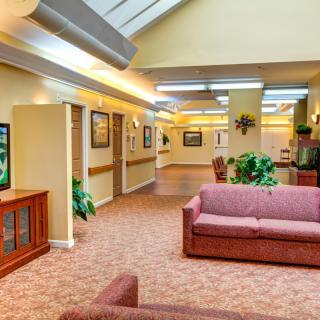 A spacious lobby area with comfortable seating, artwork on the walls, and decorative plants.