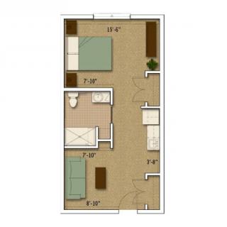 A floor plan of an apartment featuring two bedrooms, a bathroom, and a living area.