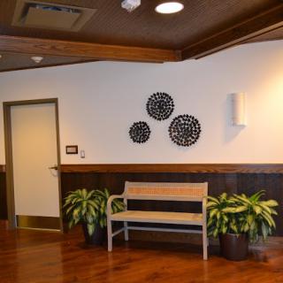 A cozy interior with a wooden bench, decorative plants, and wall art.