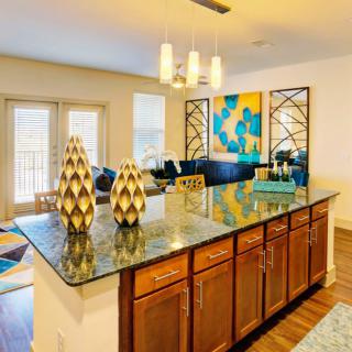 A modern open-space kitchen with wood cabinets and a granite countertop, featuring decorative objects and contemporary art in the living area.