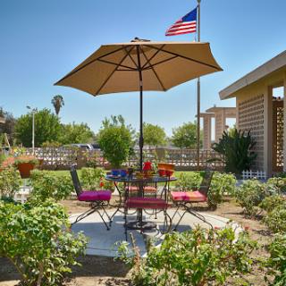 A cozy outdoor patio setup with colorful chairs and an umbrella, surrounded by greenery and adorned with an American flag.