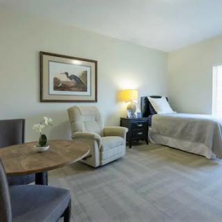 Cozy and well-lit room featuring a bed, seating area, and tasteful decor.