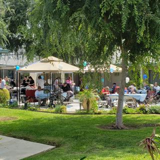 A group of people enjoying an outdoor dining experience in a garden setting.