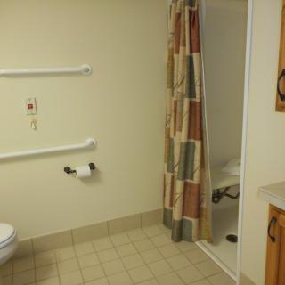 An accessible bathroom with grab bars and a shower curtain.
