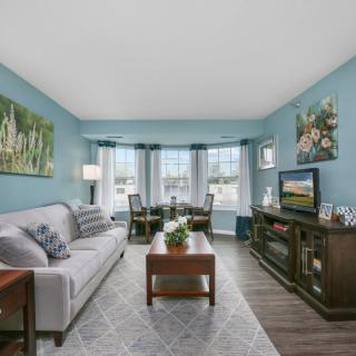 A cozy living room with blue walls, featuring a comfortable sofa, coffee table, and TV stand. The space is well-lit by large windows with curtains and decorated with artwork.