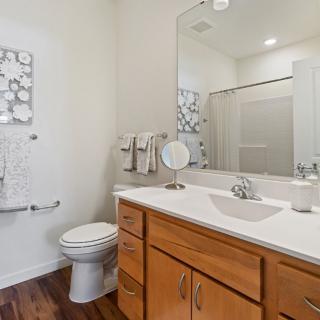 A clean and modern bathroom with a sink, mirror, toilet, and wooden cabinets.