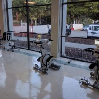 A gym room with several exercise bikes positioned near large windows.