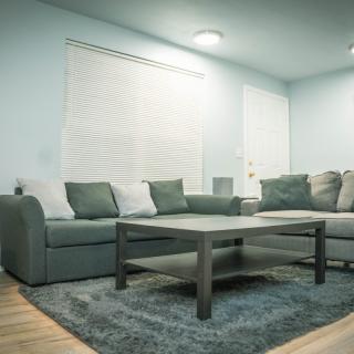 A modern living room with comfortable sofas and a central coffee table on a plush rug.