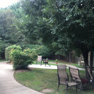 A tranquil garden scene with a winding pathway, surrounded by lush greenery and outdoor seating.