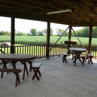 A cozy outdoor picnic area with wooden tables set against a backdrop of lush greenery.