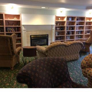 A cozy living room with a fireplace, surrounded by bookshelves and comfortable seating.
