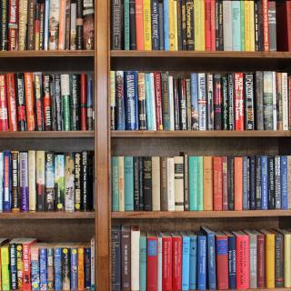 A wooden bookshelf filled with a variety of colorful books.