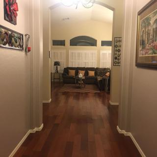 A well-lit hallway leading to a cozy living room with wooden flooring and decorative artwork on the walls.