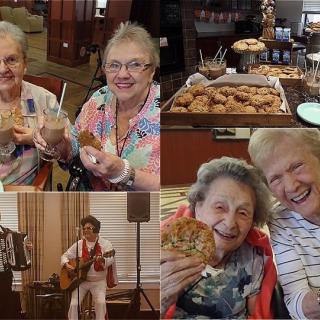 Seniors enjoy a festive gathering with desserts and live music.