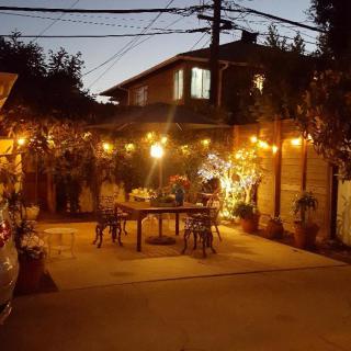 A cozy outdoor patio illuminated by string lights, featuring a set table and surrounding plants.