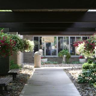 A serene courtyard featuring a pathway flanked by blooming plants and an inviting building.
