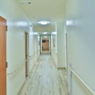 A well-lit hallway with several doors in a building interior.