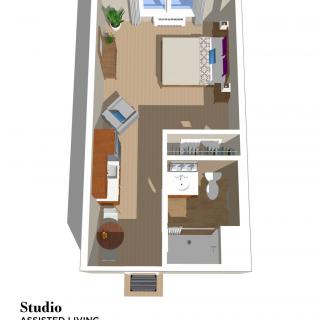 3D floor plan of a studio apartment with designated areas for sleeping, working, and bathing.