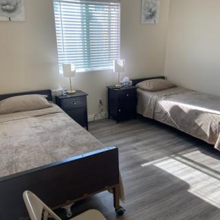 A minimalist bedroom featuring two twin beds, nightstands with lamps, and sunlight streaming through the window.