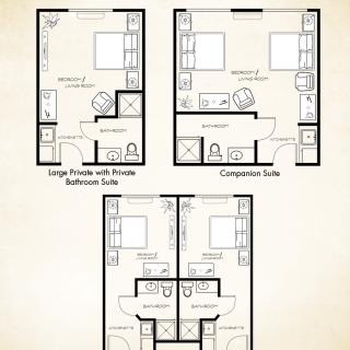 A set of floor plans depicting single and companion suite layouts.