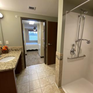 A view of a bathroom featuring a walk-in shower and sink with a mirror, leading into an adjacent room.