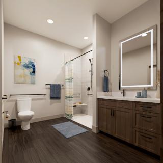 A sleek and modern bathroom featuring a walk-in shower, contemporary vanity, and stylish decor.