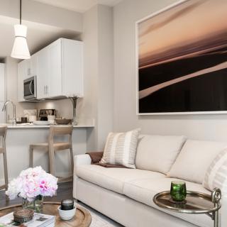 A modern and cozy living room with a comfortable sofa, elegant artwork, and a small kitchen area.