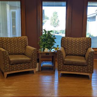 A cozy seating area featuring two patterned chairs and a small side table, complemented by a nearby plant.