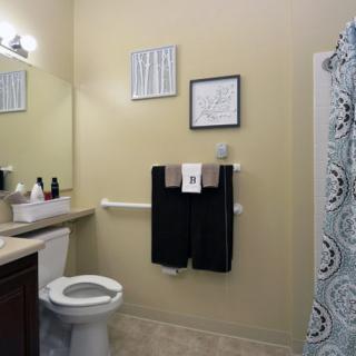 A neatly organized bathroom with a toilet, sink, mirror, and decorative wall art.