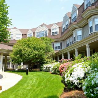 A well-maintained garden with a scenic view of a residential building on a sunny day.