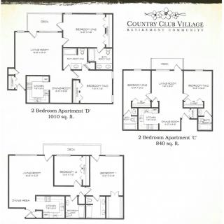 Floor plans of Country Club Village apartments showing layouts for 2 and 3-bedroom units.