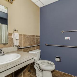 A handicap accessible bathroom with a toilet, sink, mirror, and grab bars.