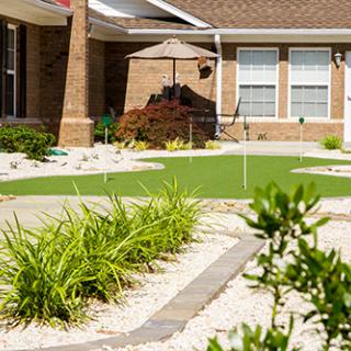 A well-maintained garden featuring lush green plants and a neatly arranged landscape.