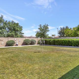 A sunny backyard with a green lawn, surrounded by a fence and trees.