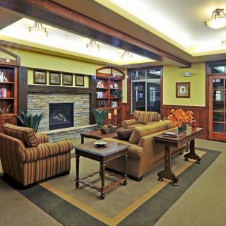 A cozy living room with comfortable seating, a fireplace, and bookshelves.