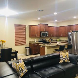 Modern open floor plan combining kitchen and living room with sleek furniture and stainless steel appliances.