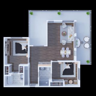 A 3D floor plan of a modern apartment with two bedrooms, a living room, kitchen, bathroom, and balcony.