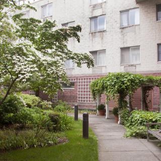 A serene garden with lush greenery and a pathway beside an apartment building.