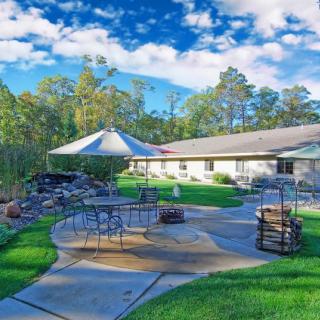 A sunny backyard with a patio featuring outdoor furniture and an umbrella, surrounded by lush greenery.