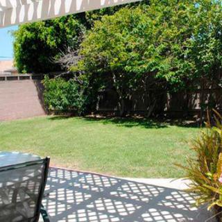 A sunny backyard with a patio and lush greenery.