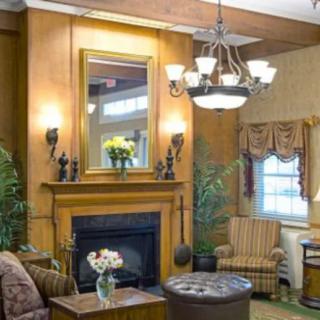 A cozy living room with a fireplace, chandelier, and elegant decor.