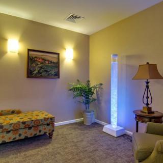 A cozy room with a sofa, lamp, potted plant, and wall-mounted artwork.